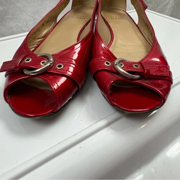 STUART WEITZMAN Chitchat Peep Toe Women’s 7.5 Red Patent Leather Flats - Picture 6 of 10